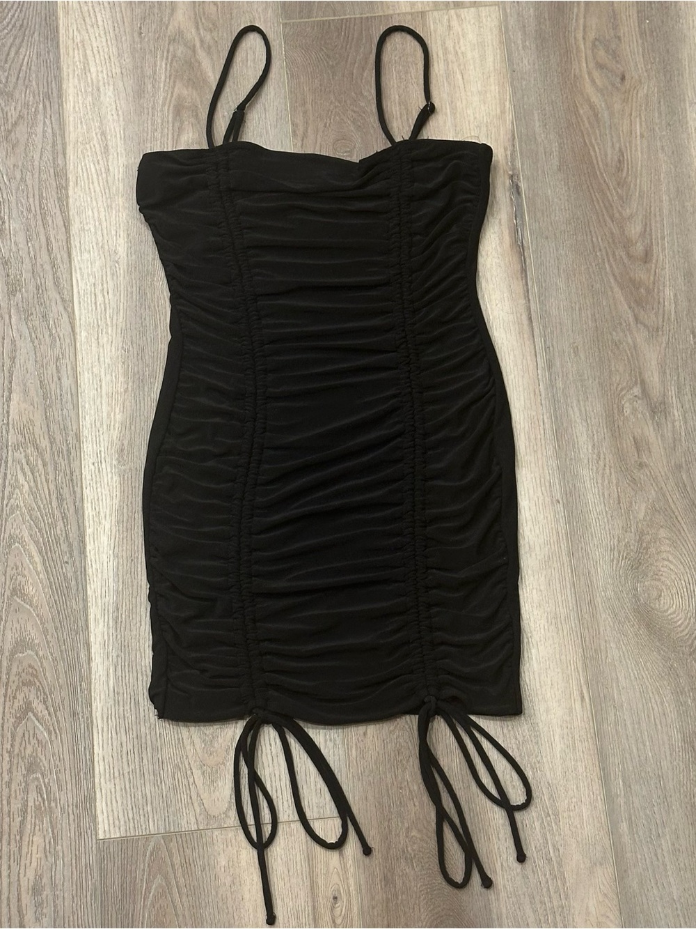 Black Drawstring Ruched Mini Dress - Picture 2 of 4